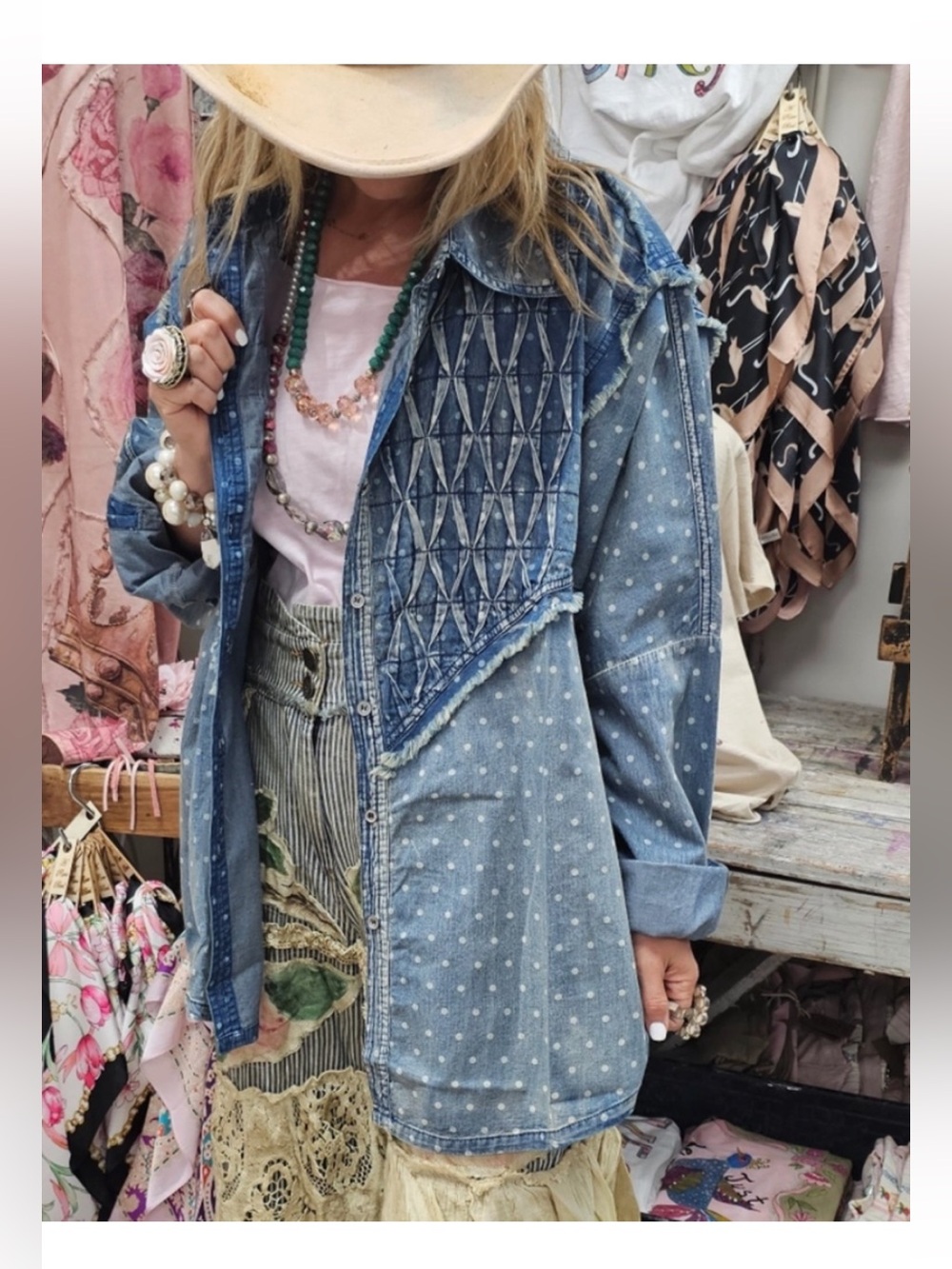 NWT A Rare Bird Light Wash Button Down Polka Dot Frayed Denim Shirt Shacket